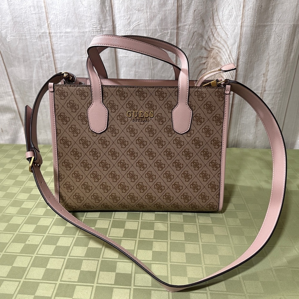 Guess Silvana 4G Brown and Pink Monogram Crossbody Tote Bag